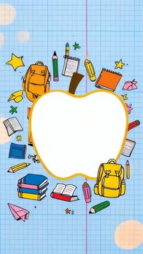 Back to school copy space blank apple in the middle and various colorful school supplies like backpacks, books, pencils against blue grid paper background. Welcome back to schoo