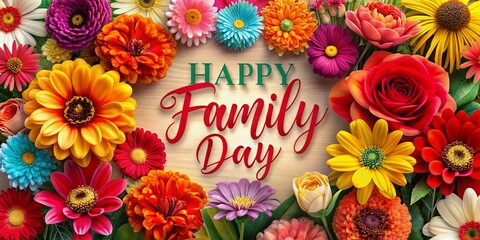 Vibrant colorful flowers in bloom form a joyful background for a bold red handwritten message celebrating Happy family day in a playful and cheerful atmosphere.