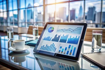 Sleek digital tablet displays intricate data analytics visuals, illustrating cutting-edge business strategy and informed decision-making, surrounded by modern office elements and latest tech gadgets.