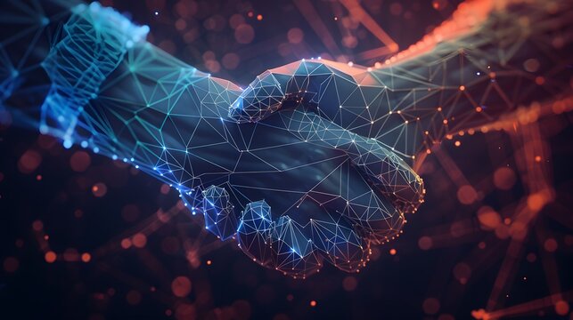 Vector isolated brotherly handshake. Low poly wireframe and points. Polygonal 3D white agreement concept on dark background. Business concept with geometry triangle. Abstract deal mash line origami. 