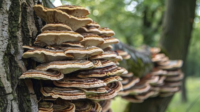 White and brown Lentinus tigrinus mushrooms growing on an old apple tree trunk