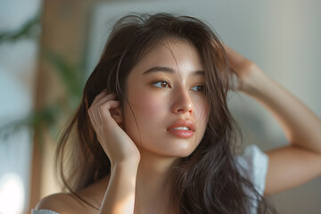 Natural Beauty Portrait of Young Woman with Long Hair in Cozy Home Setting
