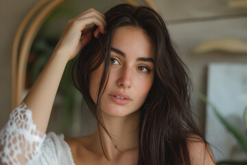 Fototapeta premium Natural Beauty Portrait of Young Woman with Long Hair in Cozy Home Setting
