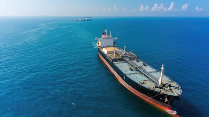 Fototapeta premium Oil tanker in deep blue ocean, top view, expansive sea, clear weather, minimalistic design, shipping port in the distance
