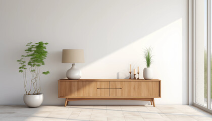 Modern Living Room Interior with Wooden Cabinet Lamp Plants and Window