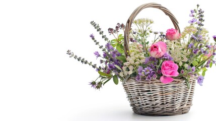 White background with copy space showcasing a basket filled with flowers