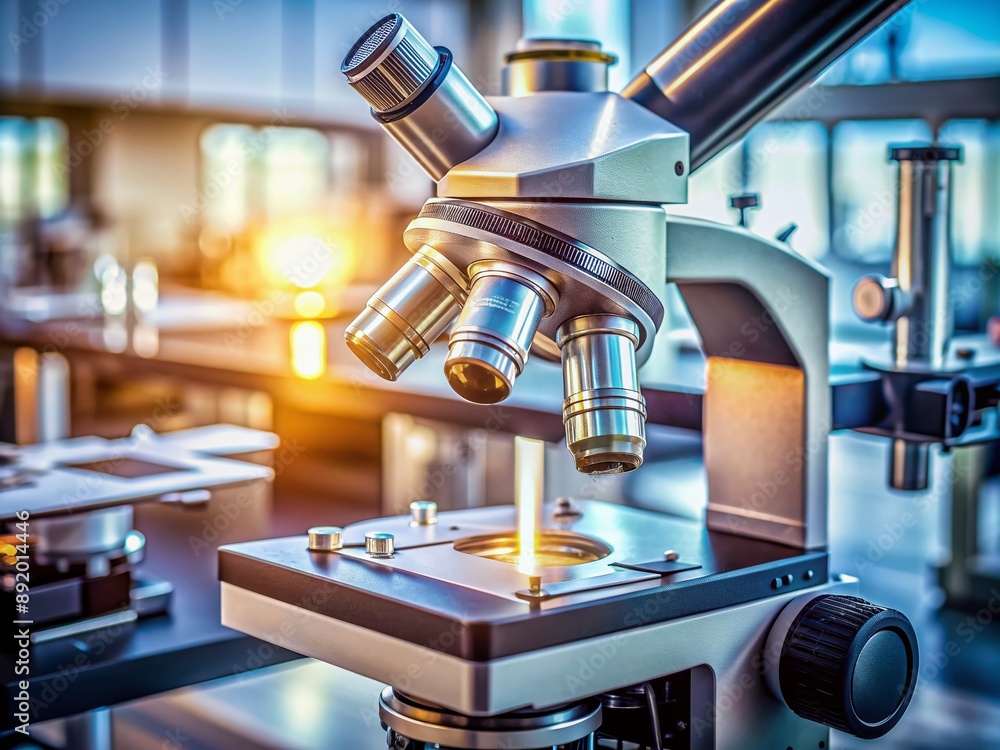 Poster macro view of a laboratory microscope with a metal lens focused on a test sample, surrounded by a cl
