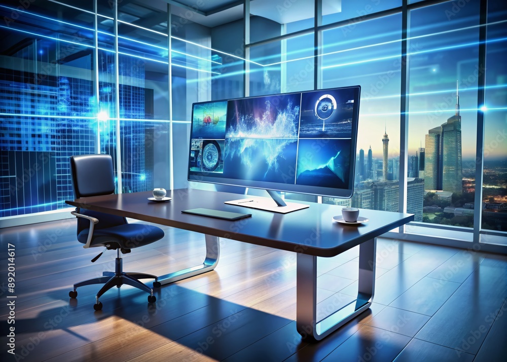 Poster a sleek futuristic desk features a large virtual screen displaying a media image, surrounded by mode