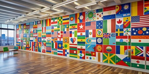 Vibrant colors and creative graphics fill a modern language institute's walls, symbolizing the joy of learning languages in a multicultural environment.