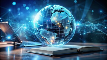 Obraz premium A hologram of an abstract robotics technology with a globe and a handwritten diary on the background, featuring artificial intelligence and machine learning concepts. Generative AI.