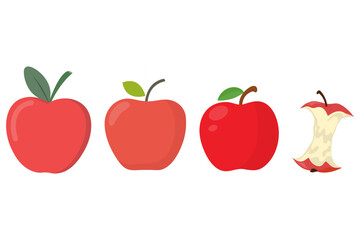 Set of red apples with leaf in different style isolated on white background.