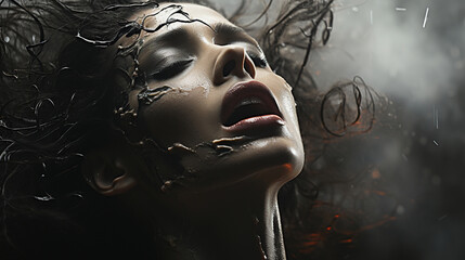 The Black And White Poster Of A Shouted Women Mouth Close Up On Smoky Blurry Background
