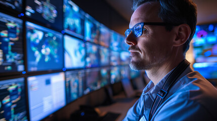 Fototapeta premium Focused Man Monitoring Multiple Screens in High-Tech Control Room Environment