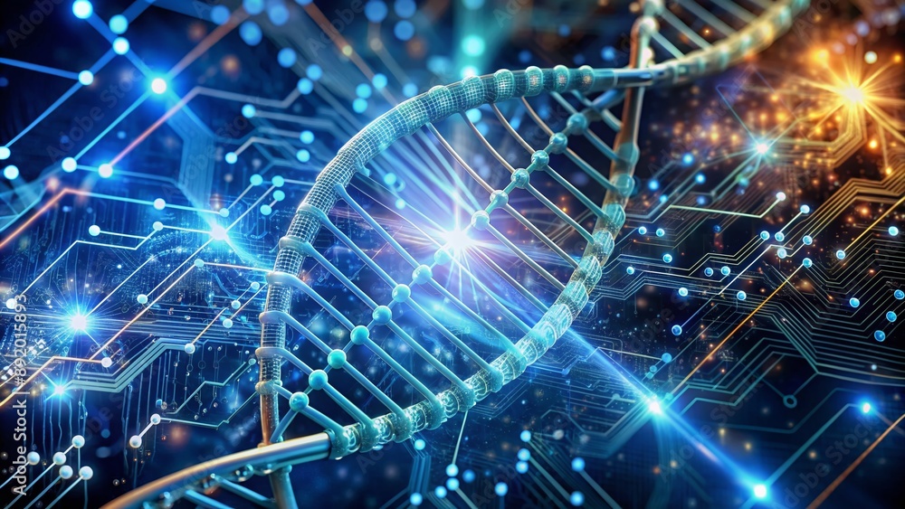 Aufkleber intricate dna double helix merges with futuristic digital circuits, illustrating artificial intellig
