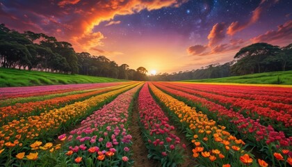 Fototapeta premium Colorful Tulip Field at Sunset with Starry Sky.