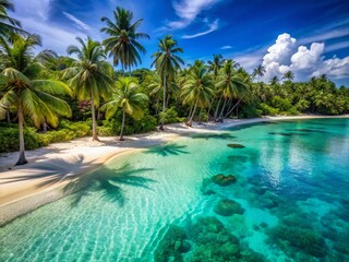 Obraz premium Idyllic paradise found: crystal-clear turquoise waters lap at powdery white sand beach, fringed by lush green palm trees, against a vibrant blue sky backdrop.