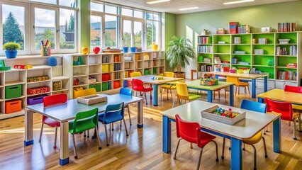 Colorful desks, chairs, and shelves filled with educational materials, books, and toys create a lively atmosphere in a modern elementary school classroom.