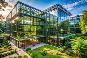 Modern glass building amidst lush greenery, featuring dense foliage, trees, and bushes, exemplifying eco-friendly architecture and sustainable business practices in harmony with nature.