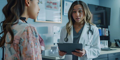 Obraz premium Female Doctor Consulting Patient with Digital Tablet, Medical Consultation with Technology Integration