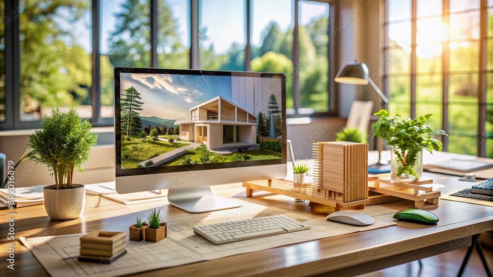 Poster modern architecture design bureau desk features eco-house miniature project surrounded by layouts an