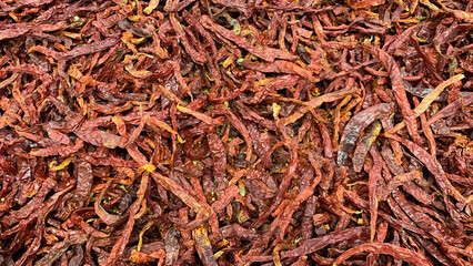 Top view of dry chili displayed in supermarket. Healthy food nutrition concept
