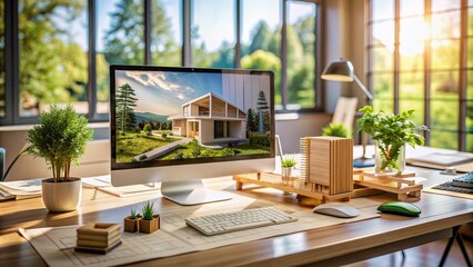 Modern architecture design bureau desk features eco-house miniature project surrounded by layouts and blueprints, paired with a sleek desktop computer and advanced design software.