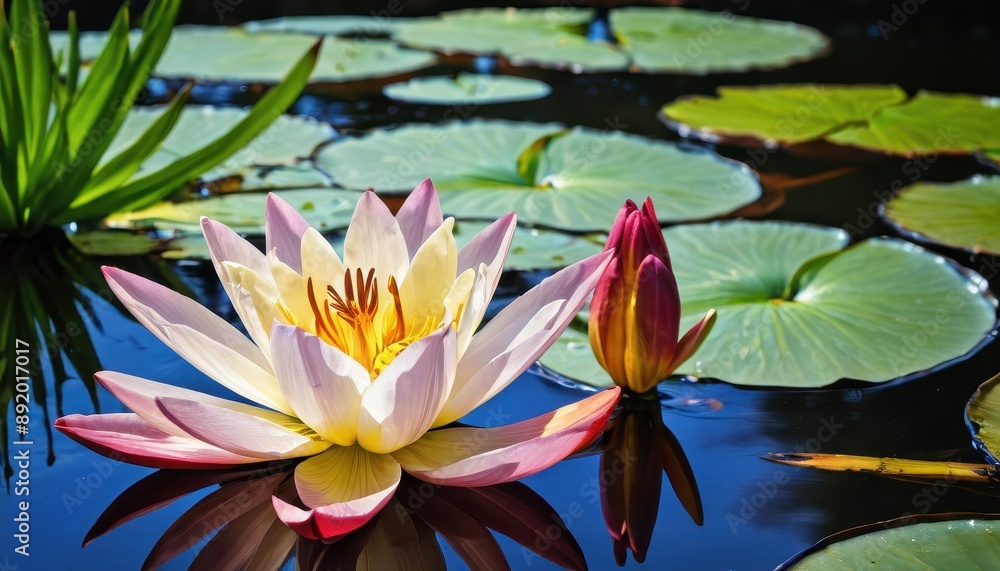 Poster water lily flower in bloom.