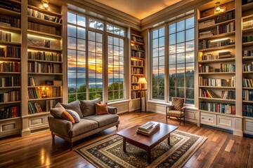 Cozy home library with floor-to-ceiling bookshelves lined with books, warm lighting, and large panoramic windows offering a serene view of the outdoors.
