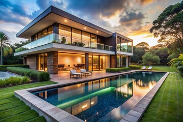 Fototapeta premium Luxurious modern house with sleek lines and expansive windows overlooking a serene infinity pool surrounded by lush greenery and perfectly manicured lawn.
