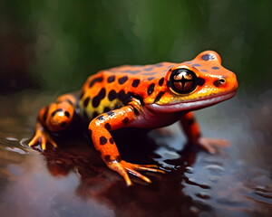 Fototapeta premium Nahaufnahme eines farbenfrohen Giftfrosches mit leuchtendem Muster - Ai-Ki generiert