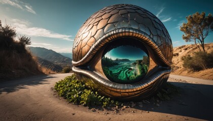 Obraz premium Metallic Eye Sculpture Reflecting a Mountain Landscape.