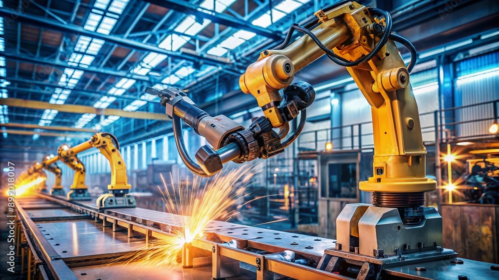 Poster robot arms machine in intelligent factory industrial setting with real-time monitoring system softwa