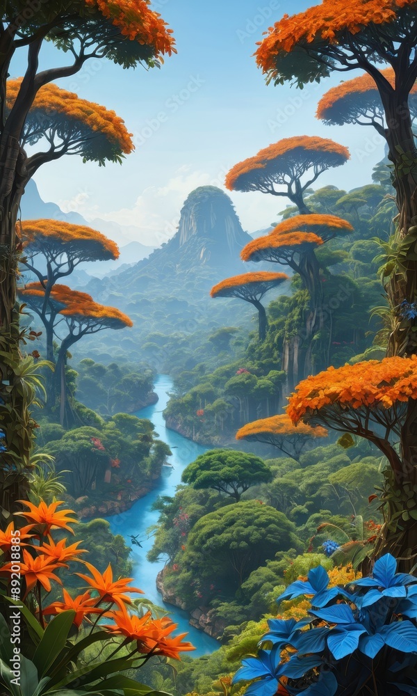 Poster Tropical River Valley Landscape.