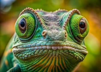 Fototapeta premium Whimsical monochromatic close-up of a chameleon's humorous face looking directly at the camera, showcasing its unique features in a natural environment setting.