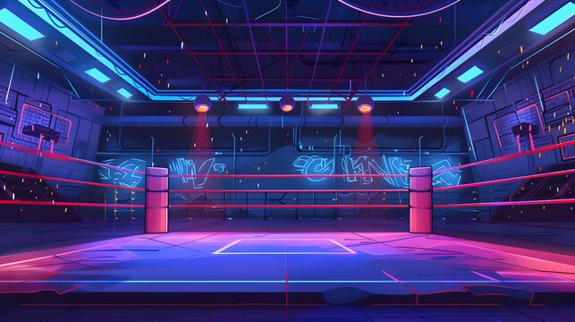 Cartoon mma ring illuminated with neon lights. Vector illustration of arena with ropes for sports competition, wrestling match, night show. Empty seats, blank score screens. Betting app background. 