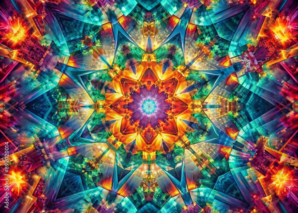 Poster vibrant abstract geometric shapes in kaleidoscope of colors explode on a modern digital background, 