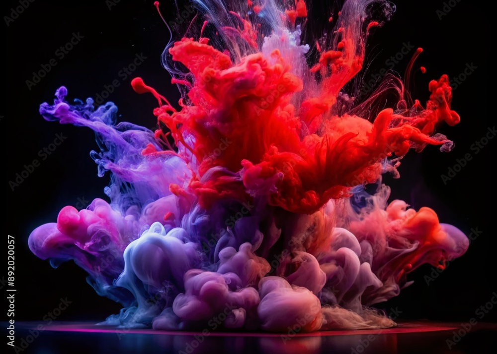 Poster vibrant abstract explosion of red and purple ink and paint in water on a dark black background, crea