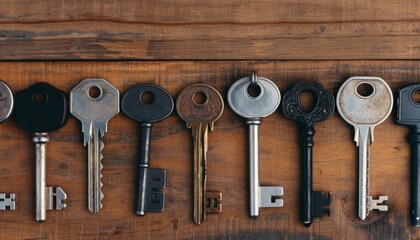 A row of vintage keys on a wooden background. Each key is unique, showcasing different shapes, sizes, and materials.