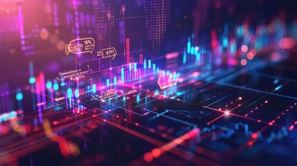 Obraz premium Stock chart overlaid with business icons and data points, vibrant financial metrics, futuristic economic background, [stock chart, business], [economic insights]