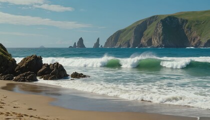 Obraz premium Sea Waves Crashing On Sandy Beach.