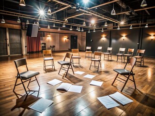 Empty theater rehearsal room with script pages and chairs scattered, capturing the energetic vibe of a joyful moment among friends and fellow artists.