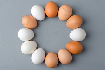 Top view of a circle of brown and white eggs arranged alternately on a grey background.
