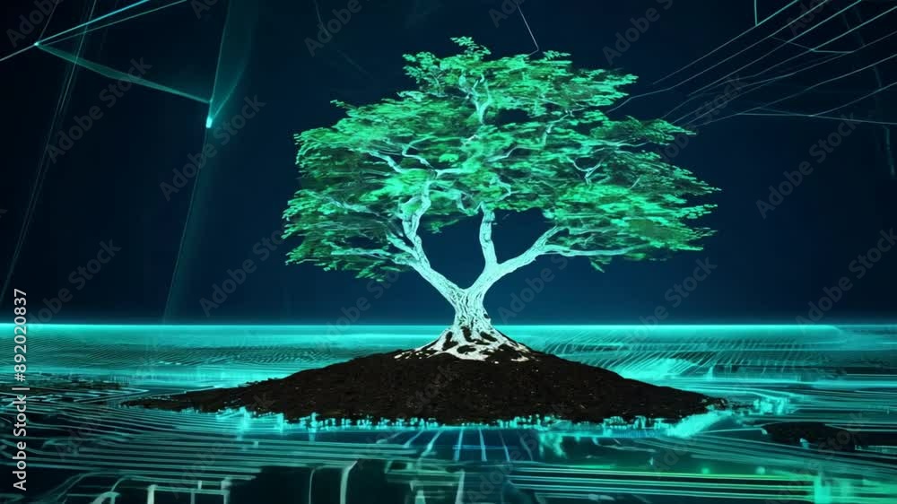 Poster tree with soil growing on the converging point of computer circuit board. blue light and wireframe n