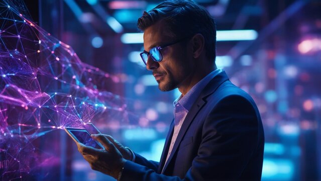 Businessman using tablet with hologram network overlay in futuristic modern office space