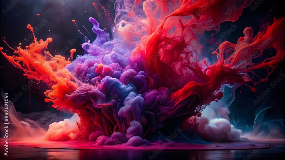 Poster vibrant red and purple ink explosion in water creates a mesmerizing abstract background on a dark ca