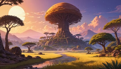 Giant Tree in a Fantasy Landscape.