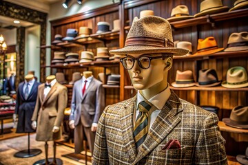 Fototapeta premium Upscale hat shop interior featuring stylish tweed jacket and glasses on a mannequin, surrounded by elegant hats, conveying fashion and personal style essence.