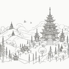 line art of a buddhist temple