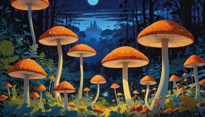 Fototapeta premium Enchanted Forest Mushrooms at Night.