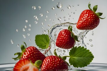 Strawberry with half slices falling or floating in the air with green leaves isolated on background, Fresh organic fruit with high vitamins and minerals.